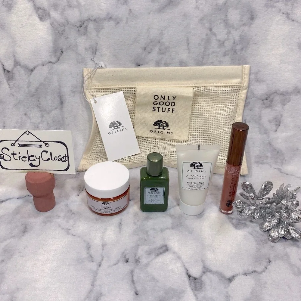 Origins Beauty Set-Beige Mesh Pouch,Cleanser,Lotion,Moisturizer,LipGloss-5pc-NEW